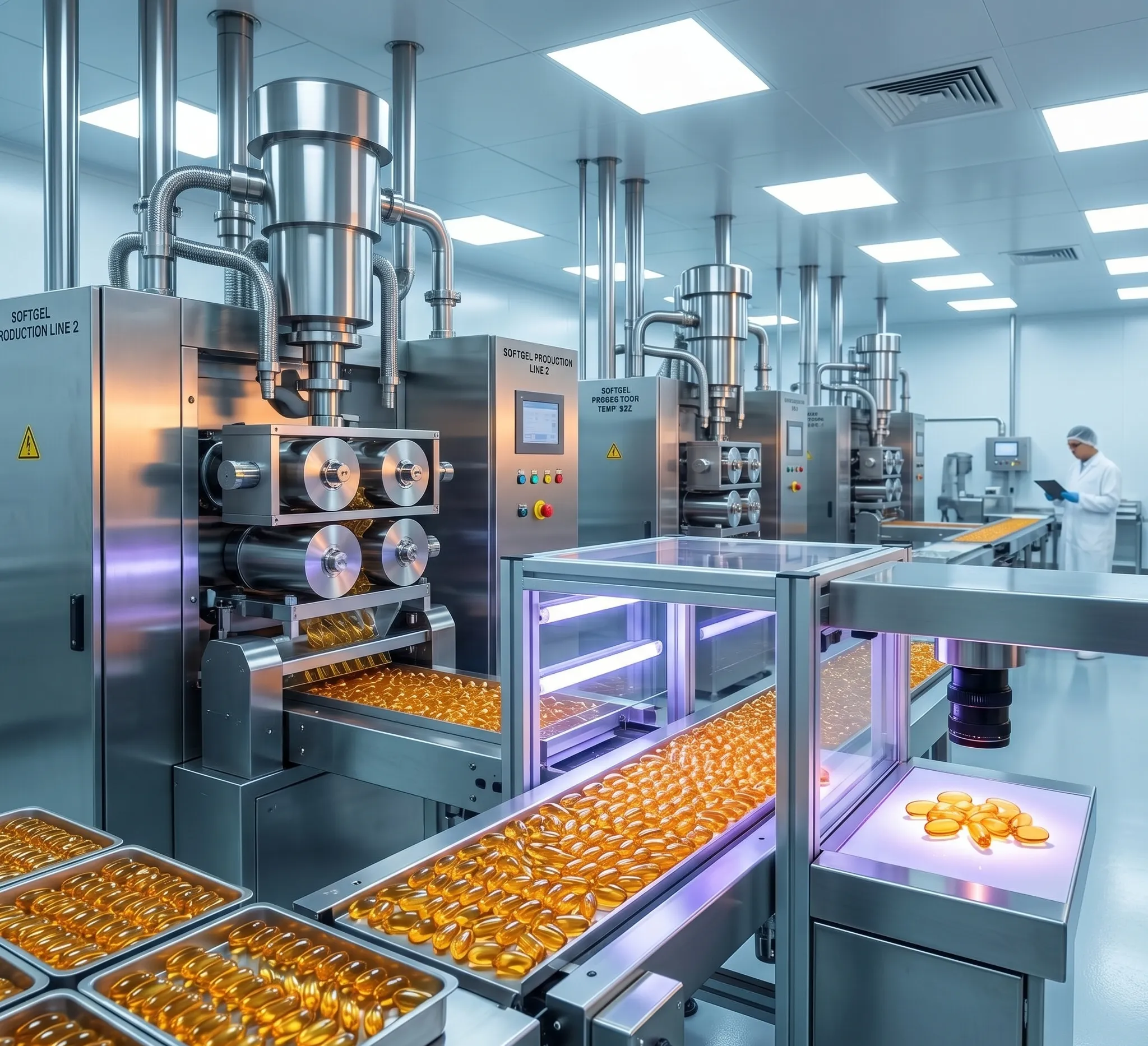 Productos y Presentaciones. Línea de producción automatizada para la maquila de productos en cápsulas softgel amarillas en México.