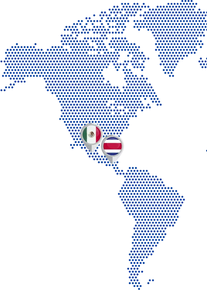 Mapa de America destacando marcadores con las banderas de México y Costa Rica, indicando la ubicación estratégica de nuestras plantas especializadas en la maquila de gomitas, cápsulas blandas y otros suplementos.