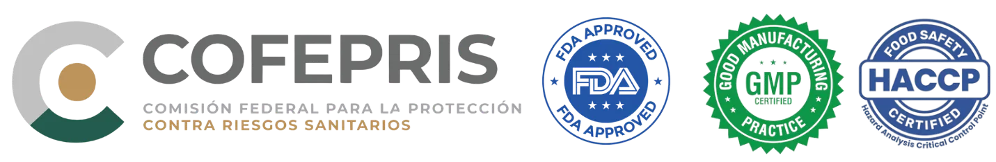 Logos de los entes autorizados COFEPRIS, FDA, GMP y HACCP que certifican los estándares de calidad y seguridad sanitaria en nuestra maquila de gomitas en México.