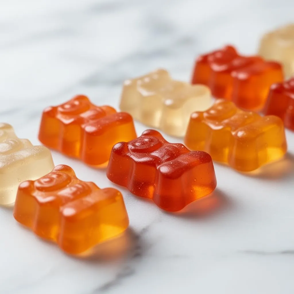 Primer plano de gomitas en forma de oso en colores translúcidos sobre mármol blanco, demostrando el excelente acabado de nuestra maquila de gomitas.