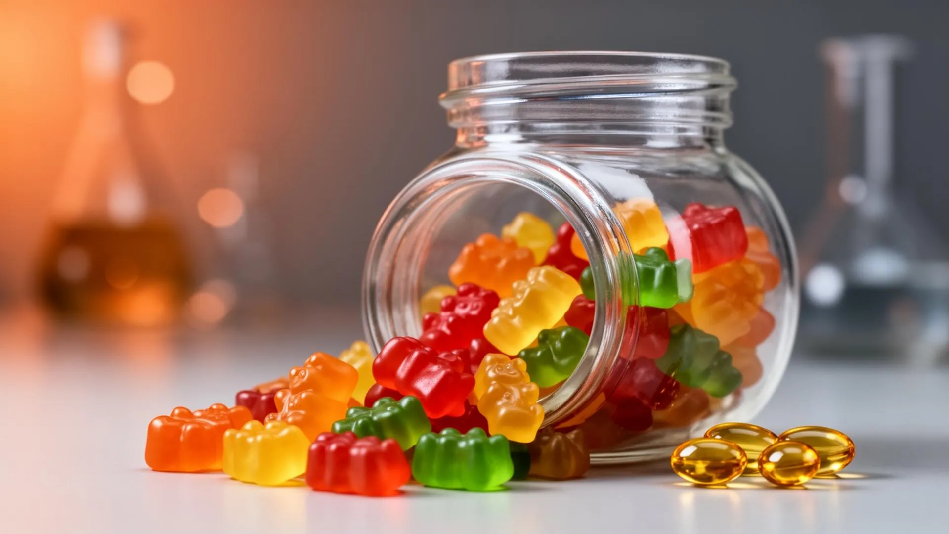 Frasco de vidrio inclinado derramando gomitas de ositos de varios colores junto a cápsulas de suplementos en un laboratorio de maquila y fabricación