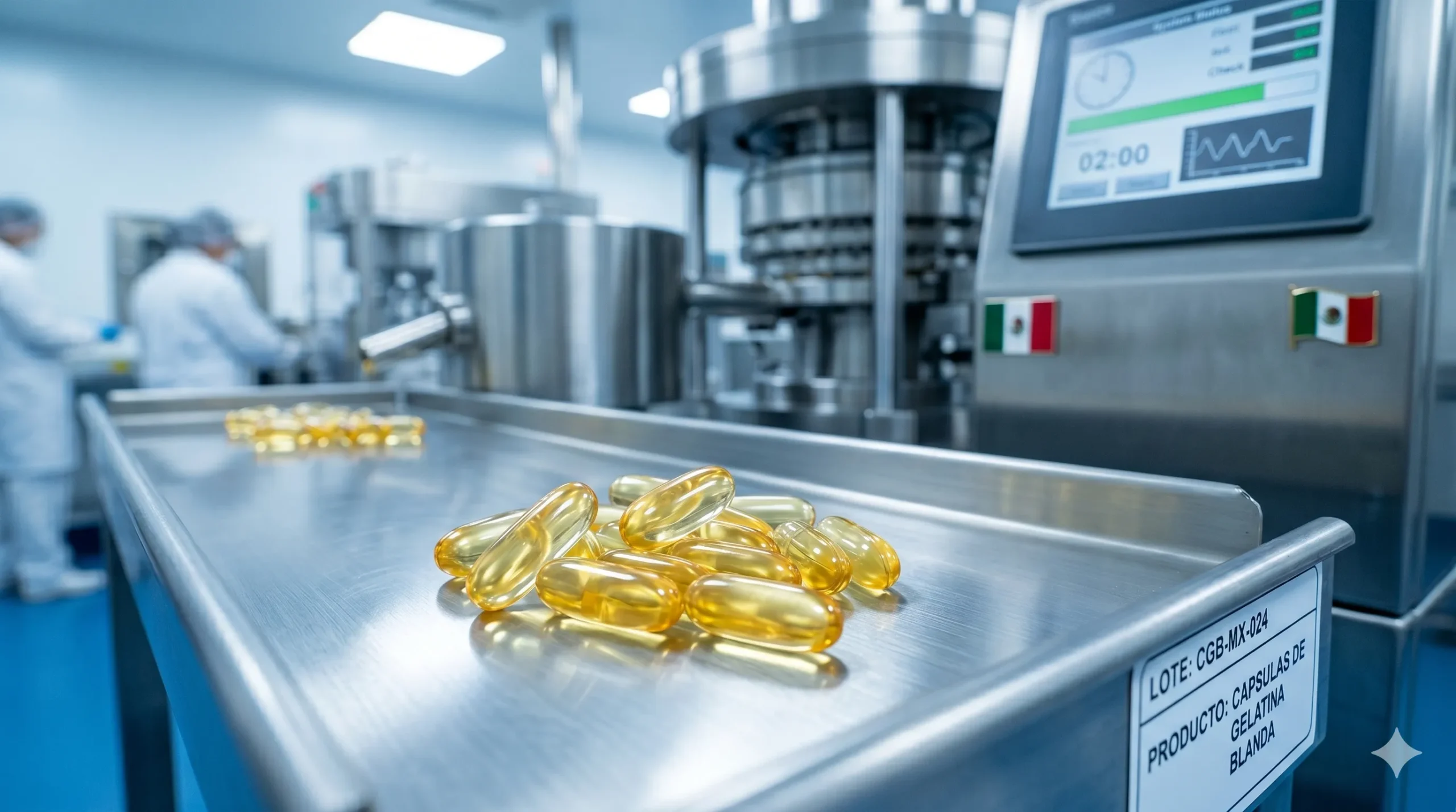 Maquinaria industrial de alta precisión procesando lotes de capsulas de gelatina blanda en un laboratorio farmacéutico de Mopilabs.