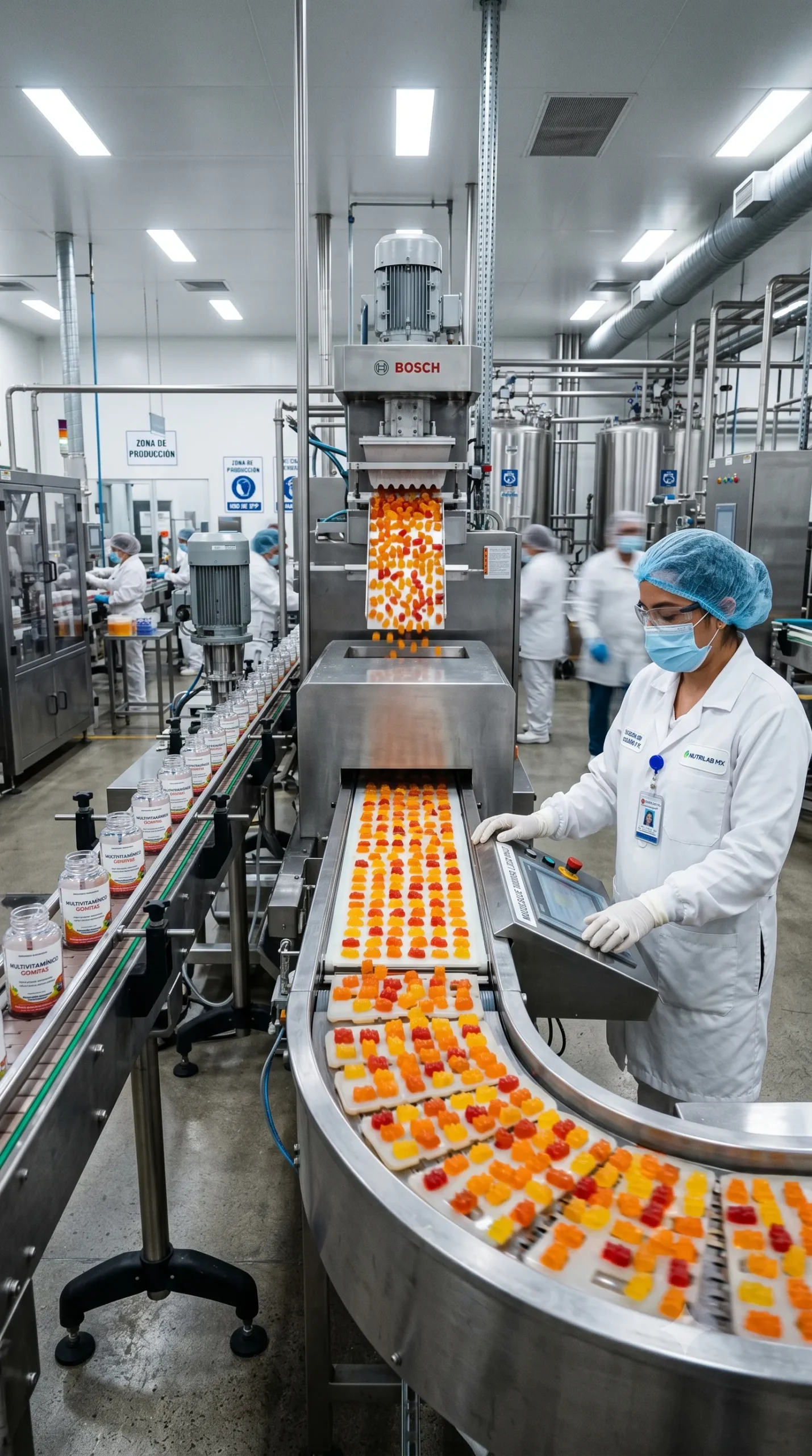 Operaria de Nutrilab MX controlando la línea de fabricación automatizada de vitaminas en gomitas.