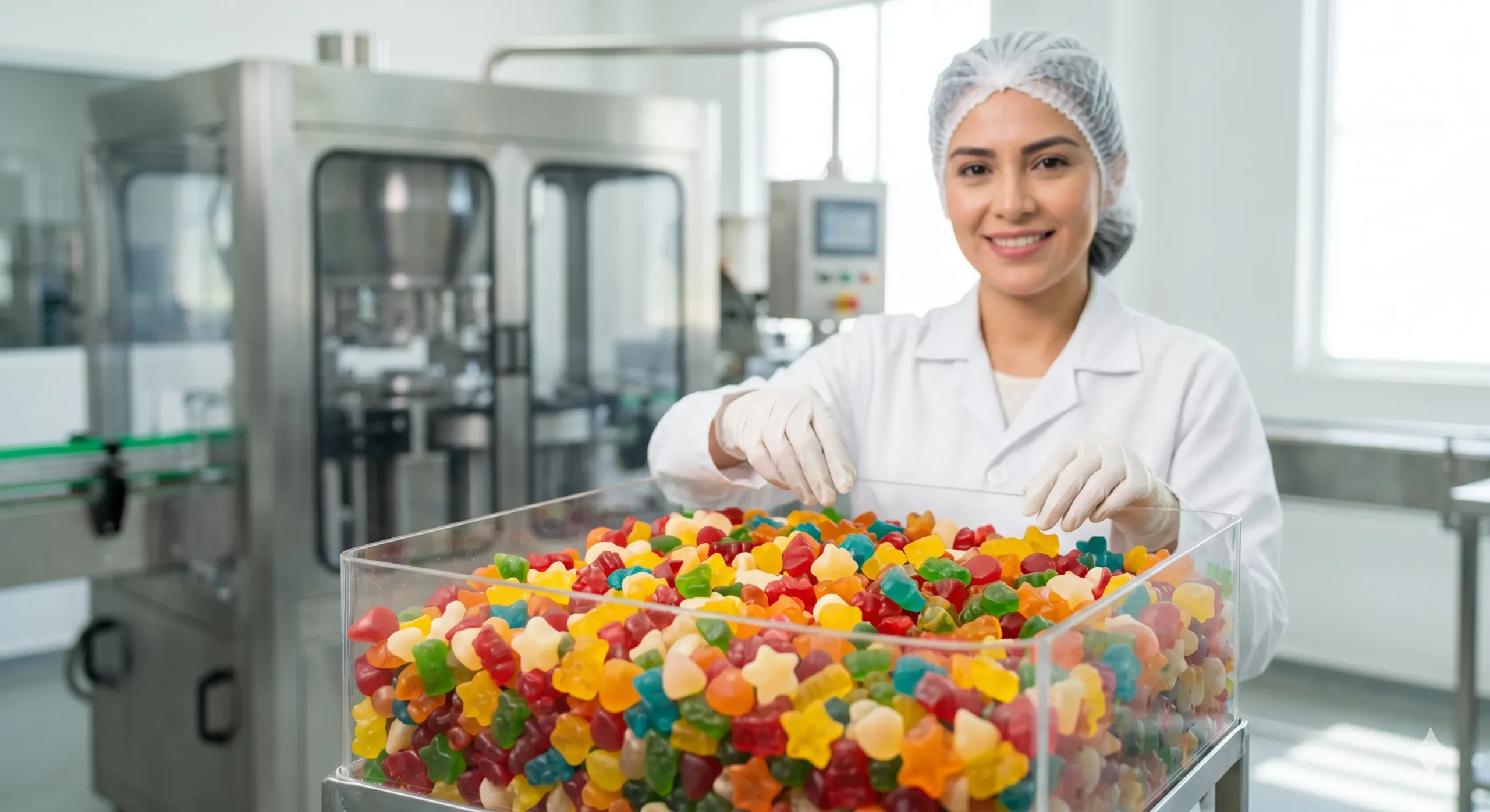 Operadora de calidad supervisando un lote premium en las instalaciones del principal fabricante de gomitas en México para marcas blancas B2B.