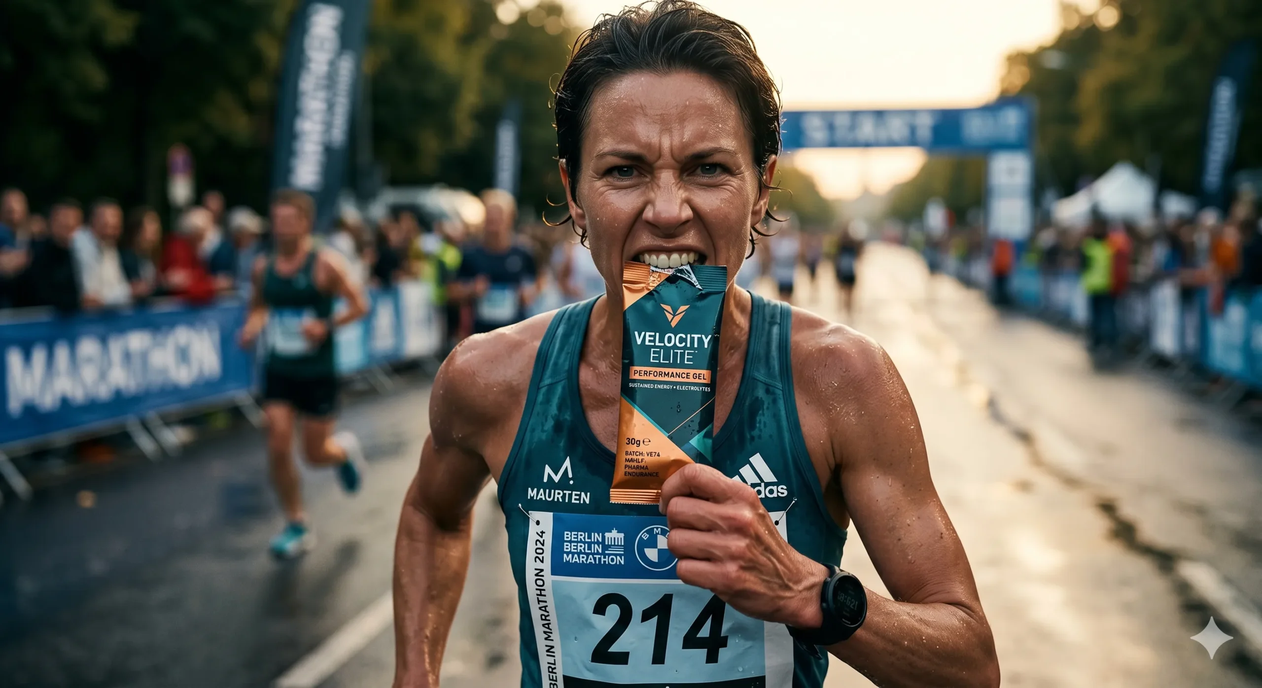 Corredor de maratón consumiendo geles deportivos de alto rendimiento en una competencia extrema.