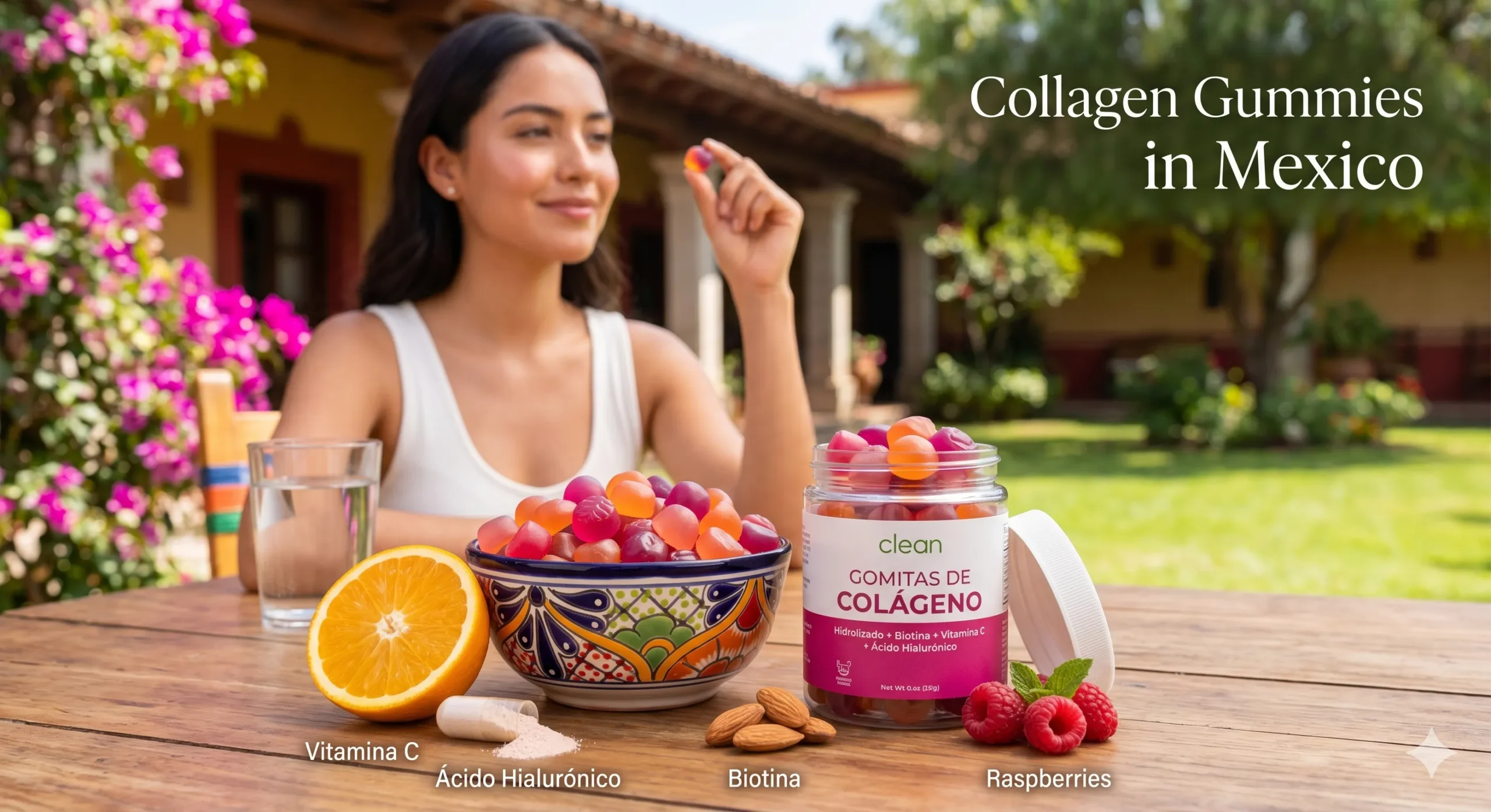 Mujer joven en un jardín disfrutando de un envase con gomitas de colageno hidrolizado formuladas con vitamina C, biotina y ácido hialurónico, representando la maquila de suplementos en México.