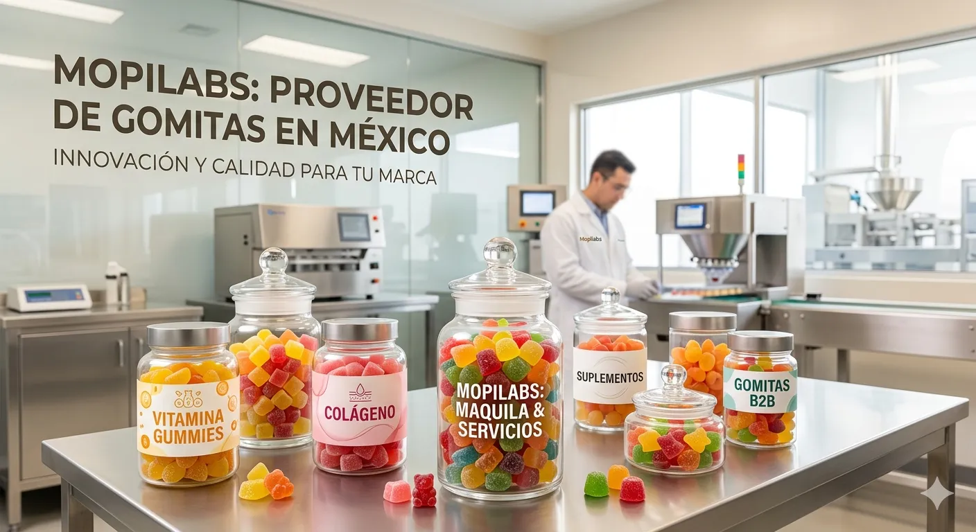 Frascos de suplementos en un laboratorio farmacéutico de Mopilabs, el principal proveedor de gomitas en México, con una línea de producción automatizada al fondo.