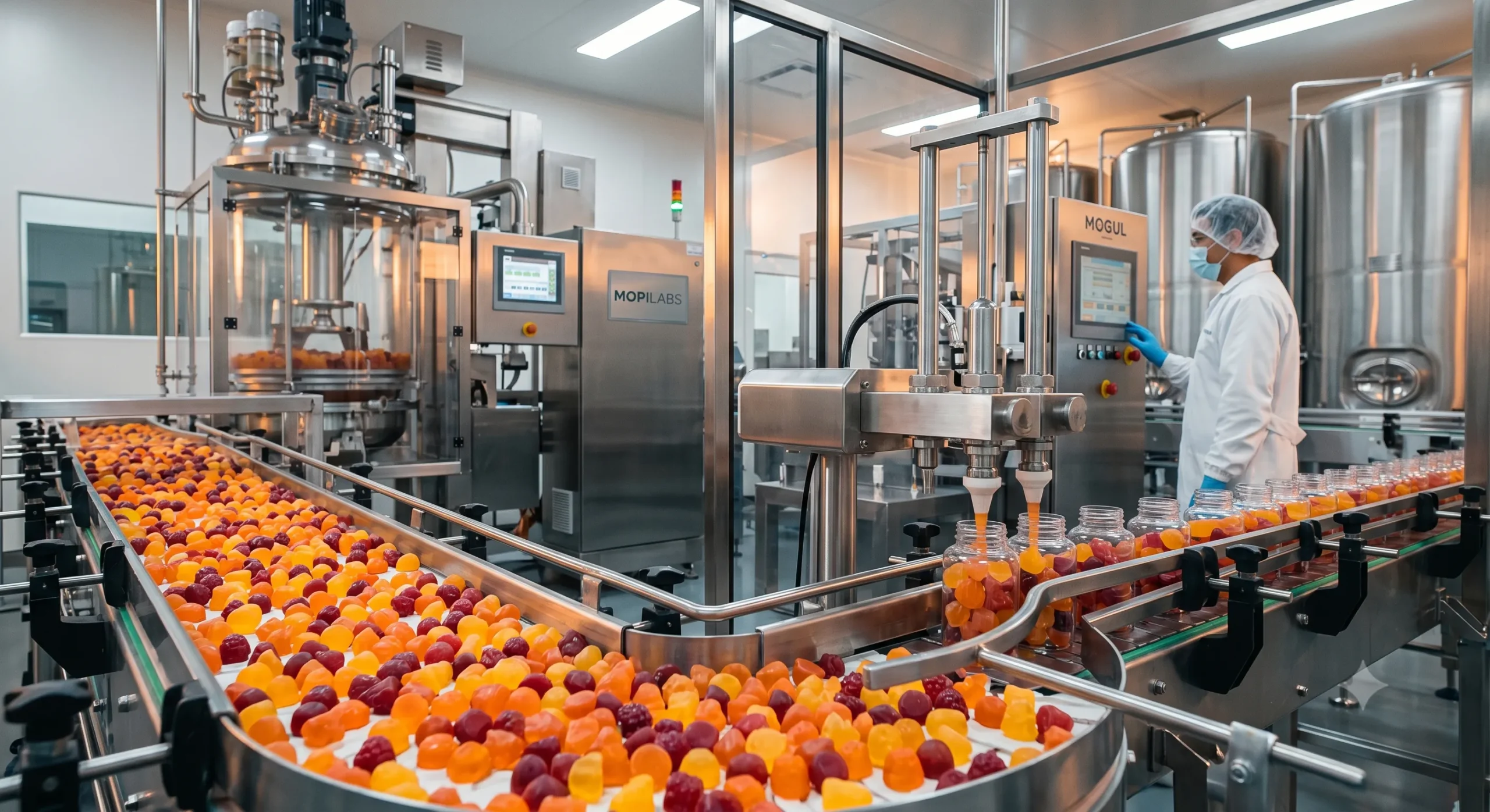 Operario supervisando la línea automatizada de envasado de vitaminas en gomitas en un laboratorio farmacéutico.