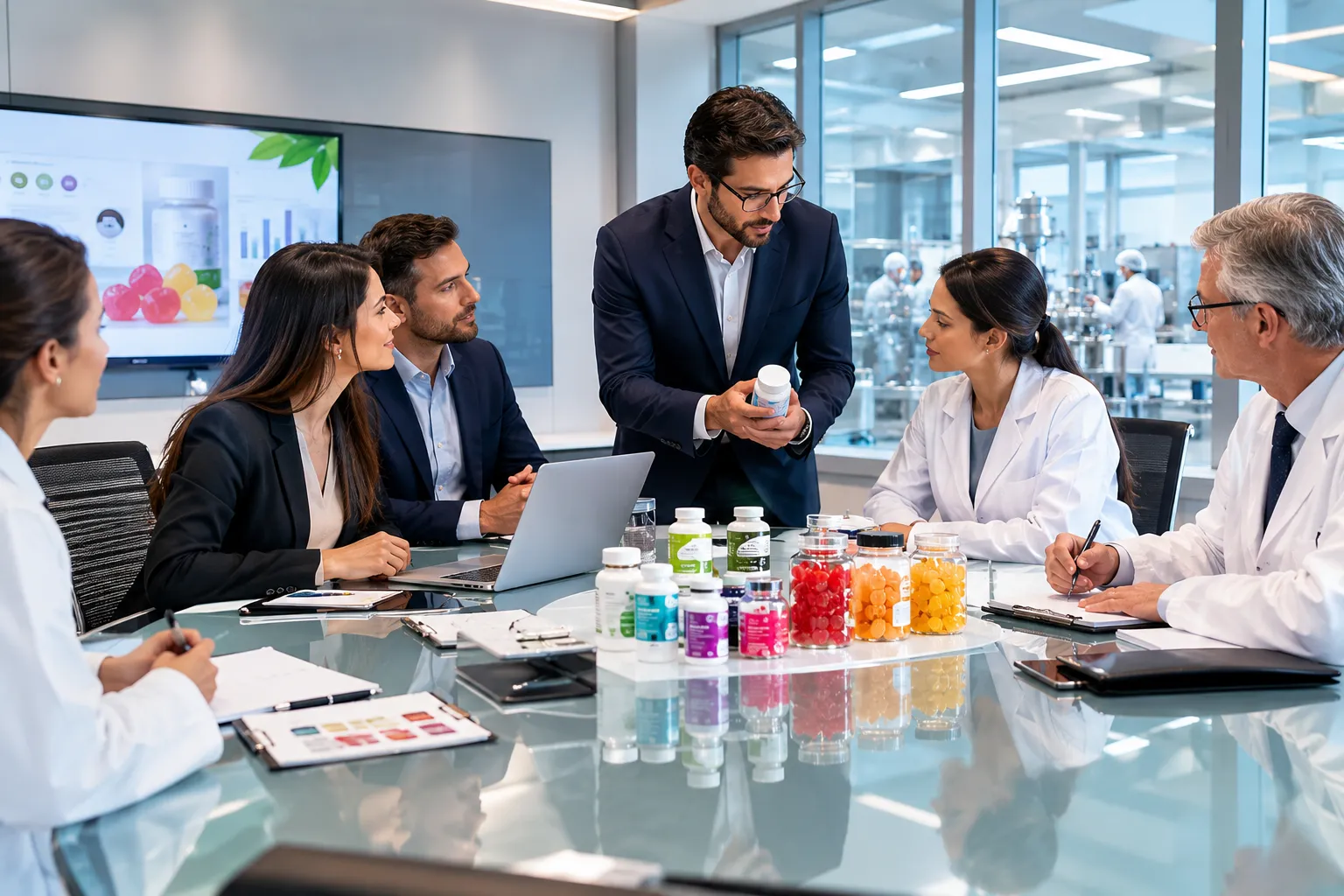Equipo de expertos y directivos planificando la estrategia comercial para crear marca de suplementos líder en México.